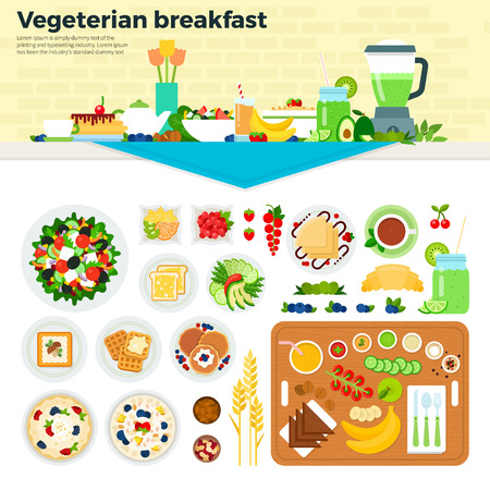 Vegetarian breakfast flat illustrations. Vegetarian breakfast on the table with tablecloth. Healthy eating concept. Salad, vegetables, fruits and cakes isolated on white backgroundのイラスト素材