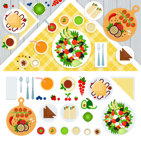 Vegetarian food flat illustrations. Vegetarian party, able served with vegetarian food. Healthy eating concept. Dishes, utensils, food, products isolate on white backgroundのイラスト素材