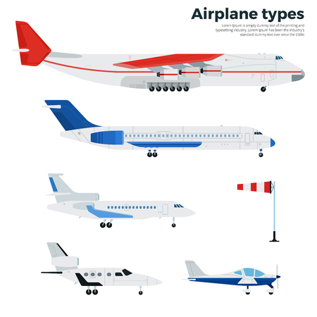 Airplanes flat illustrations. Different modern airplanes. Icons for airline companies banners. Several types of modern aircraft isolated on white backgroundのイラスト素材
