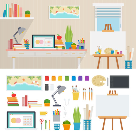 Illustrator working place flat illustrations. Painter room interior. art and design concept. Easel, palette, lamp, books, computer, paints isolated on white backgroundのイラスト素材