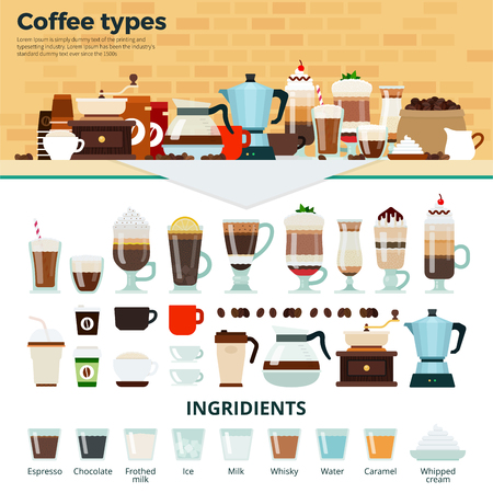 Coffee types flat illustrations. Many types of different coffee on the table. Energy, relax and break concept. Cups and glasses with tasty coffee, coffee machines and ingredients isolated on white backgroundのイラスト素材