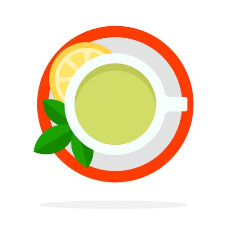 Green Tea with mint and lemon top view vector flat material design object. Isolated illustration on white background.のイラスト素材