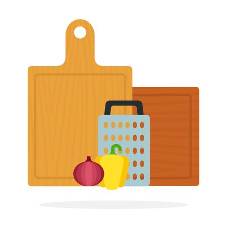 Wooden boards for cutting and grater with pepper and onion vector flat isolatedのイラスト素材