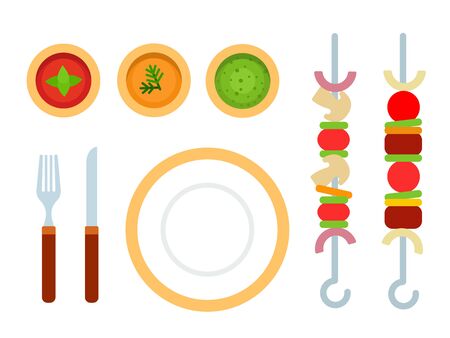 Cutlery, pieces of vegetables on skewers, meat and vegetables on skewers, tomato, mustard and guacamole sauce vector flat material design isolated on whiteのイラスト素材