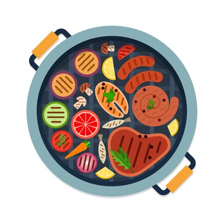 Sausages, steak, fish and vegetables on the grill top view flat isolatedのイラスト素材