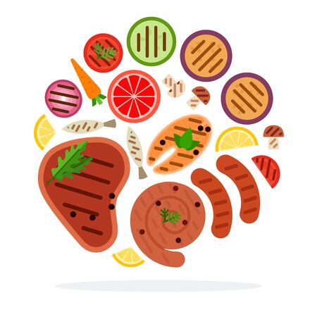Meat, fish, sausages and vegetables cooked on the grill flat isolatedのイラスト素材