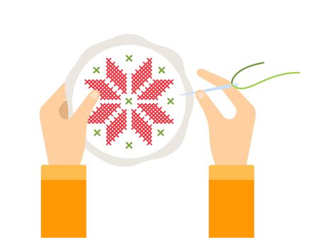 Human hands with a needle for sewing and embroidery vector flat material design isolated on whiteのイラスト素材