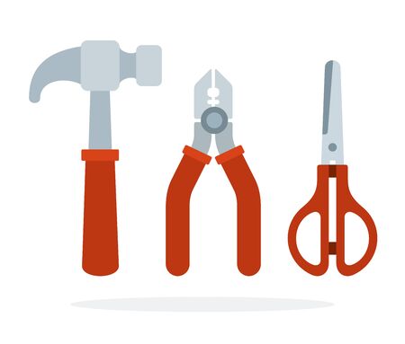 Hammer, tongs and scissors for crafts made of wood vector flat material design isolated on whiteのイラスト素材
