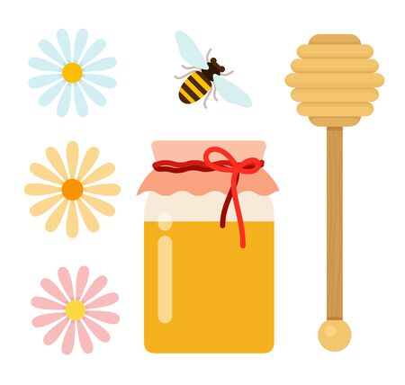A can of honey, wild flowers, a spoon for honey and one bee vector flat material design isolated on whiteのイラスト素材