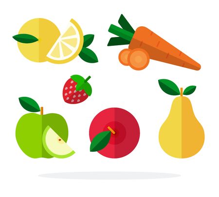 Lemon, carrot, strawberry, green apple, red apple, pear flat isolatedのイラスト素材