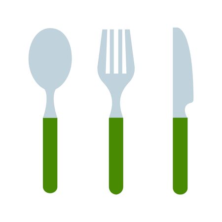 Cutlery of spoon knife and fork with green handgrip vector flat material design isolated on whiteのイラスト素材