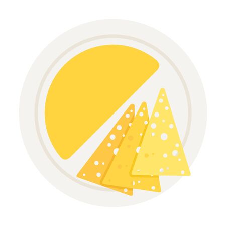 Half cheese head and triangular slices of cheese on a plate vector flat material design isolated on whiteのイラスト素材