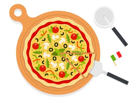 Italian pizza with mushrooms, pepper, tomatoes, olives on a wooden board. Pizza knife and spatula flat single icon vector isolated on whiteのイラスト素材