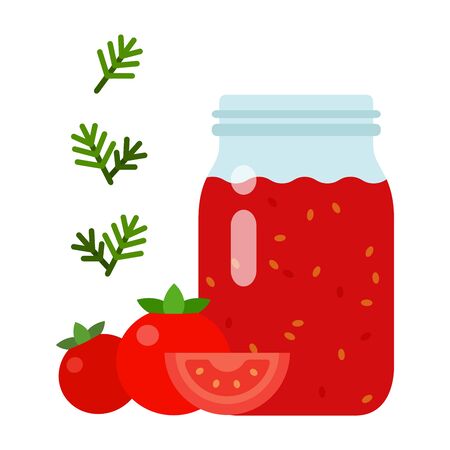 Tomato sauce in a glass jar with tomatoes and dill sprouts nearby vector flat material design isolated on whiteのイラスト素材