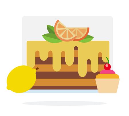 Lemon cake, muffin with cherry and lemon vector flat material design isolated on whiteのイラスト素材