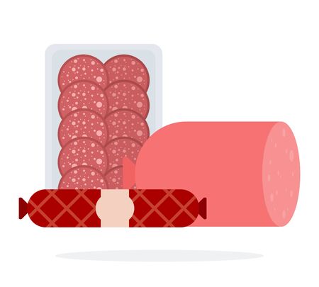 Slices of salami in the package, the stick of smoked sausage and cooked sausage vector flat material design isolated on whiteのイラスト素材