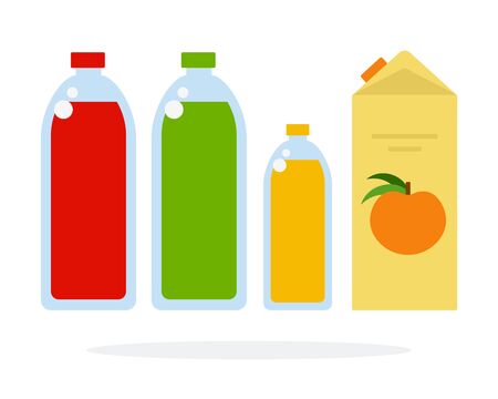 Fruit juice in bottles and paper box vector flat material design isolated on whiteのイラスト素材