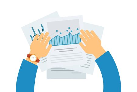 Human hands with a clock and pile of paper data graphs vector flat icon isolated on whiteのイラスト素材