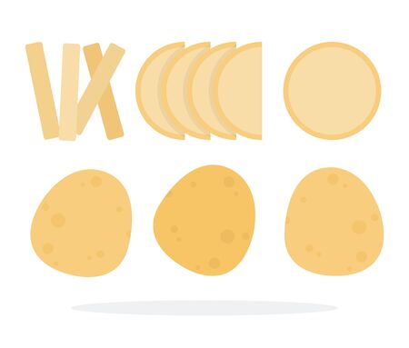 Three whole potatoes. Round pieces of potatoes, potato wedges and potatoes cut with straws vector flat material design isolated on whiteのイラスト素材