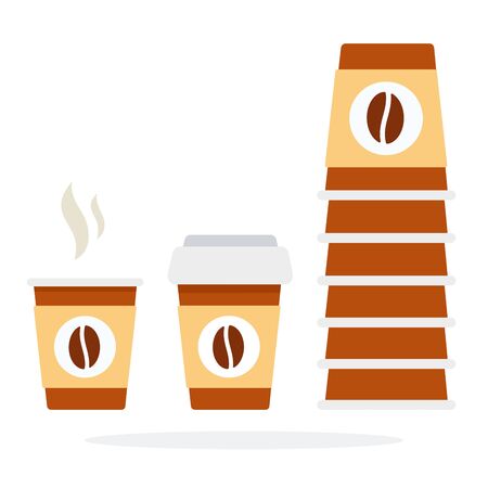 Tower of disposable coffee cups and long plastic cup with lidのイラスト素材