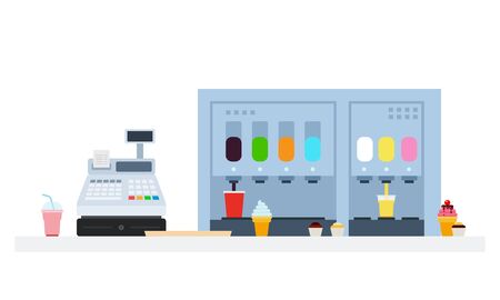 Ice cream and beverages machines with cash register vector flat material design isolated on whiteのイラスト素材