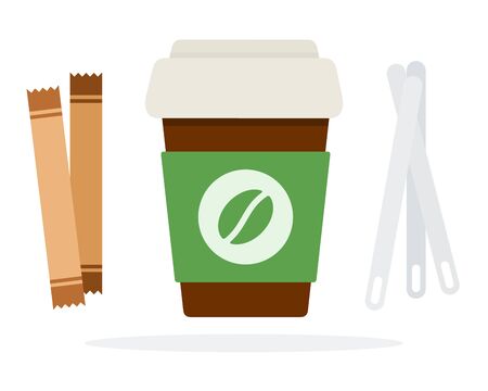 Plastic coffee cup with a lid with sugar sticks or plastic spoons vector flat material design isolated on whiteのイラスト素材