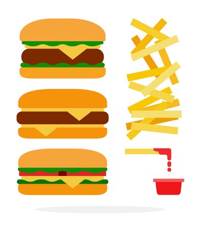 Cheeseburger, burger with beef, veggie burger and french fries with ketchup vector flat material design isolated on whiteのイラスト素材