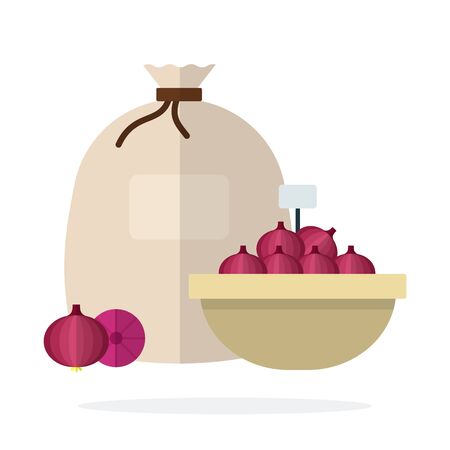 Red onion in a basket and linen sack vector flat material design isolated on whiteのイラスト素材