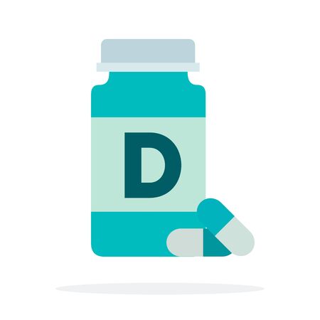 Blue plastic container with tablets and capsules of vitamins flat isolatedのイラスト素材