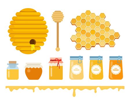 Glass jars with honey, a honey hive, honey wooden scoop, honeycomb and a honey layer with streaks flat isolatedのイラスト素材