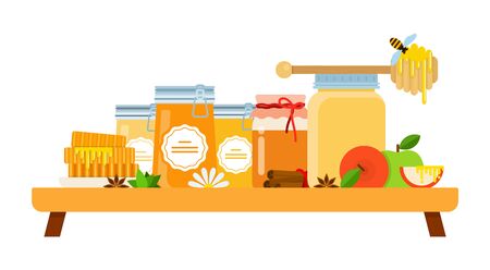 Glass containers with honey, a spoon for honey with a bee, honeycomb on a plate, apples, cinnamon and anise on a wooden tray vector flat material design isolated on whiteのイラスト素材