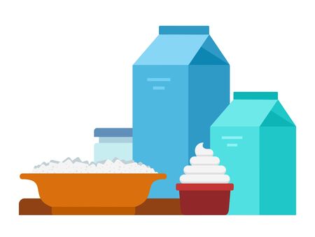 Milk boxes, cottage cheese and cream vector flat isolatedのイラスト素材