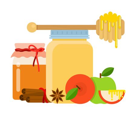 Glass jars with honey, honey spoon, cinnamon, anise and apples flat isolatedのイラスト素材