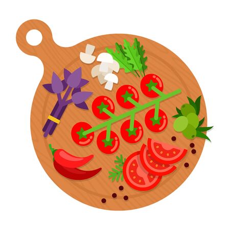 Kitchen round wooden board with sprig of cherry tomatoes, champignons, chili peppers, olives, arugula and basil flat single icon vector isolated on whiteのイラスト素材