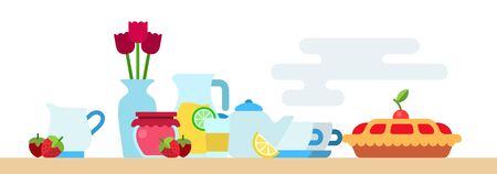 Afternoon tea party with biscuit, hot tea pot, jam jar, limonade, flowers vase and berries vector flatのイラスト素材
