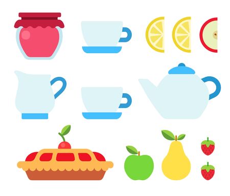 Set of products and utensils for tea drinking vector icon flat isolatedのイラスト素材