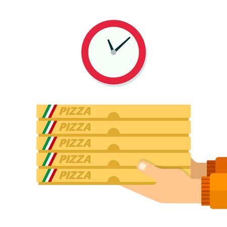 Pizza in a cardboard box and round the clock vector flat material design isolated on whiteのイラスト素材
