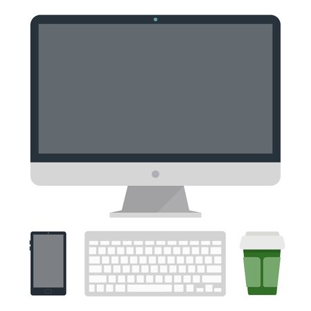 Computer monitor with a keyboard, cup of coffee and a smart phone design isolated on whiteのイラスト素材
