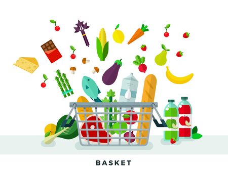 Food basket vector flat icons set with fish, meat, bread, berries, fruit, corn, cheese, chocolate, juice, milk, mushrooms and vegetables. Vector flat illustrationのイラスト素材