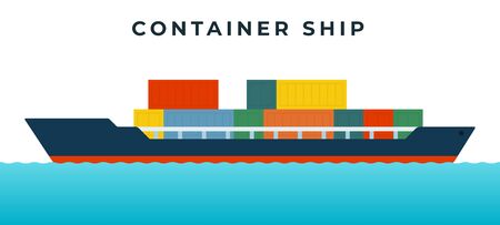 Blue container ship on the waves, for the transport of goods in standardized multi-colored...