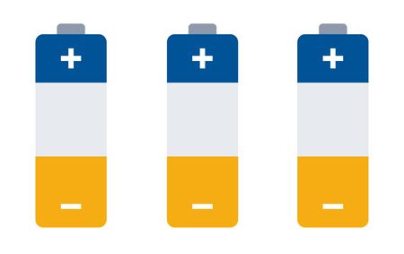Three batteries blue, white, yellow stripe for energy supply of electrical appliances, plus and minus signs on the case, galvanic cell vector flat icon isolated on whiteのイラスト素材