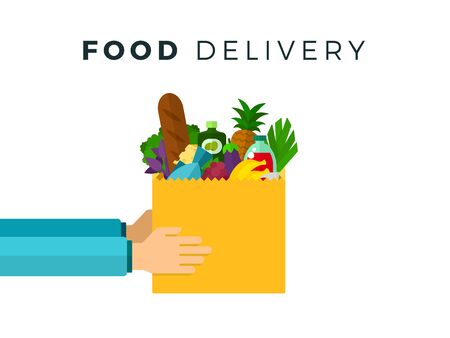 Hands with a paper bag products vector flat material design isolated on whiteのイラスト素材