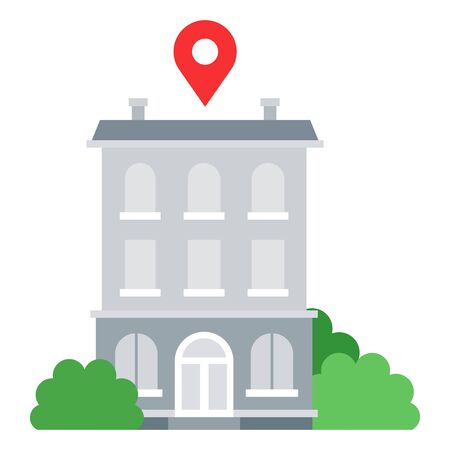 Gray multi-storey building surrounded by greenery, trees, shrubs with a red sign location on the roof vector flat icon isolated on white.のイラスト素材