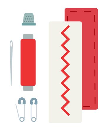 A set of tools for hand sewing and types of stitches on the fabric vector icon flat isolated.のイラスト素材