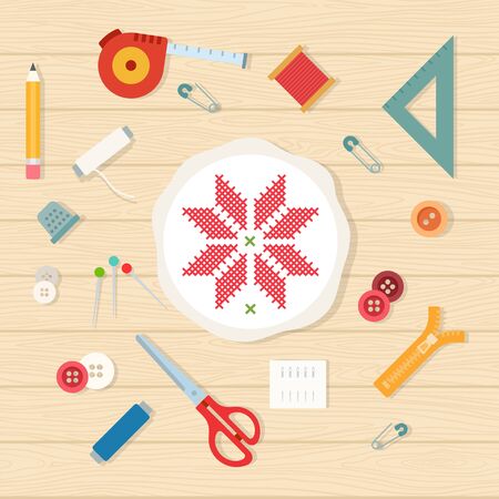 Round hoop and set of sewing accessories around flat isolation vector iconのイラスト素材