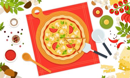 Round pizza mushroom. Vector illustration in flat design. Popular fast food. Top view.のイラスト素材