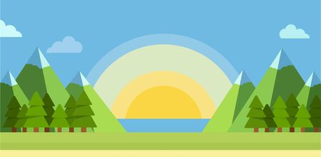 Flat summer landscape vector illustration. Morning in the mountains.のイラスト素材