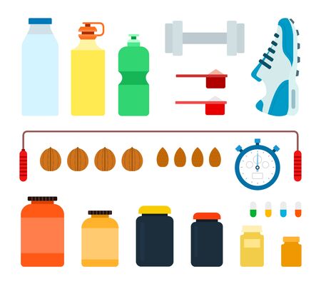 Set of cans, bottles with drinks, sports nutrition and sportsman outfit flat vector Illustrationのイラスト素材