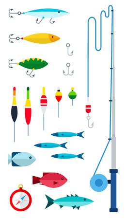 Fishing tools for the fisherman. Vector flat icons. Fishing as a hobby.のイラスト素材
