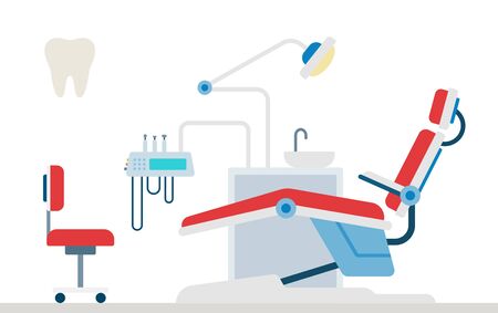 Dental tools vector illustration in flat design. Dentist office with dental chair.のイラスト素材